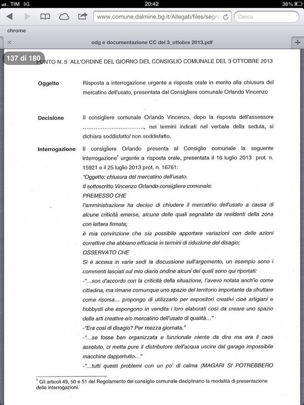 si passa al punto 5: @VincOrlando sulla chiusura del mercatino dell'usato #opendalmine http://twitter.com/nostradalmine/status/385837325462556672/photo/1